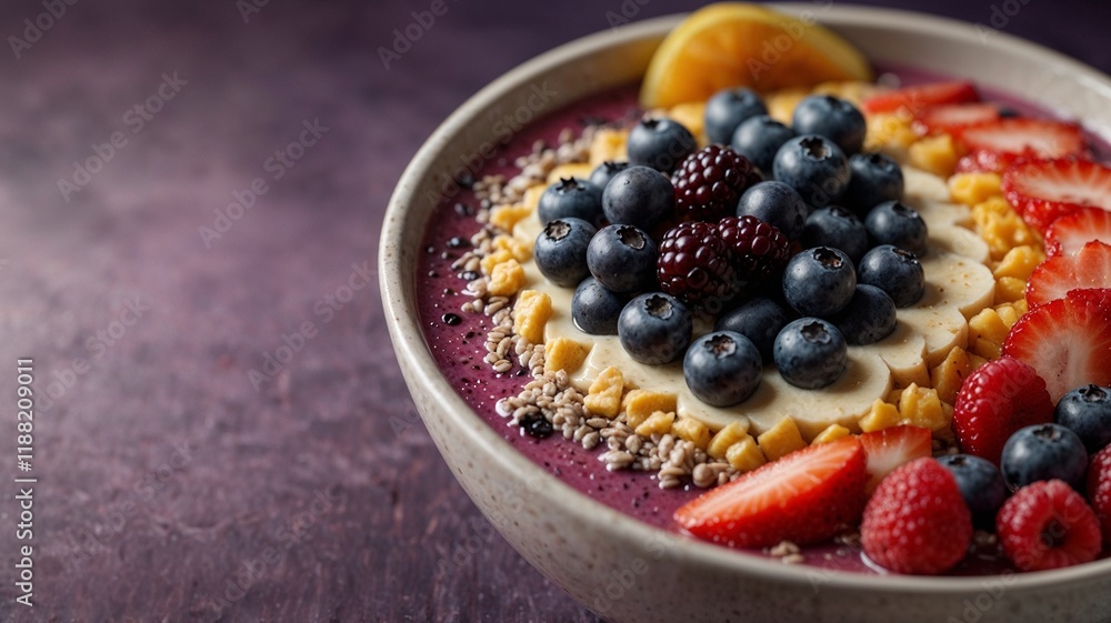 Bowl of smoothie topped with diverse fruits and seeds, vibrant colors, artistic arrangement, copy space Bowl of smoothie topped with diverse fruits and seeds, vibrant colors, artistic arrangement, copy space