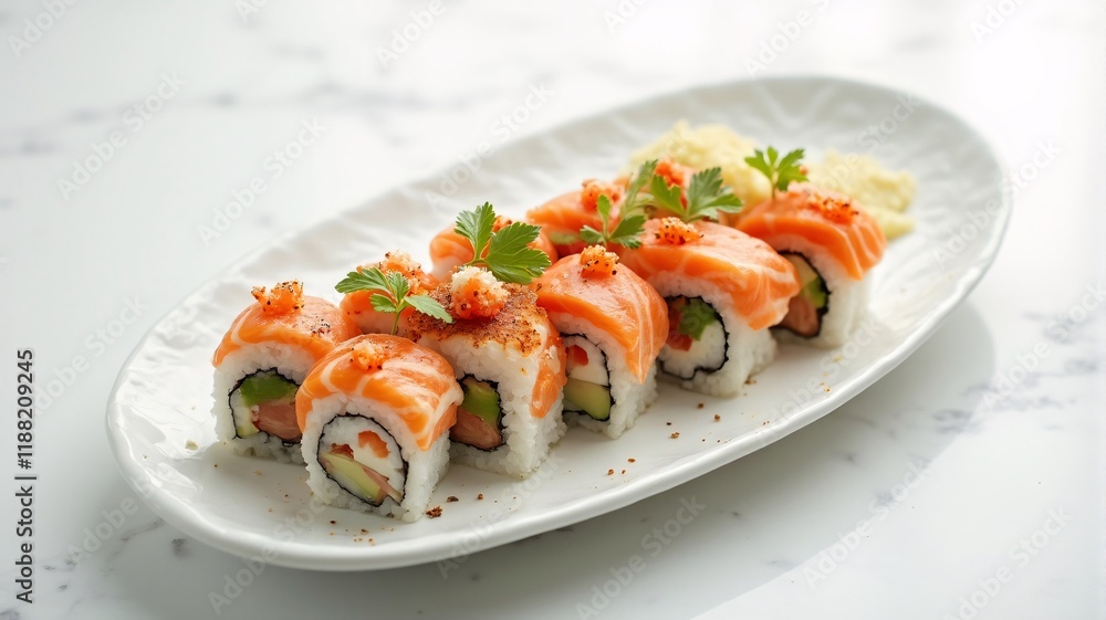 Assorted sushi rolls with salmon, avocado, and tobiko on a white platter and background. Perfect for Japanese food promotions or modern menu designs. Assorted sushi rolls with salmon, avocado, and tobiko on a white platter and background. Perfect for Japanese food promotions or modern menu designs.