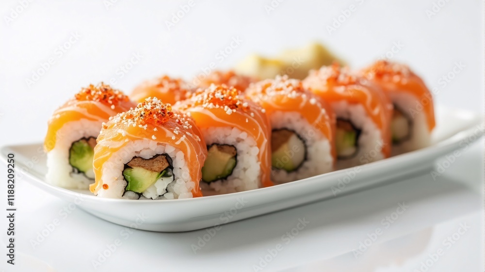 Assorted sushi rolls with salmon, avocado, and tobiko on a white platter and background. Perfect for Japanese food promotions or modern menu designs. Assorted sushi rolls with salmon, avocado, and tobiko on a white platter and background. Perfect for Japanese food promotions or modern menu designs.