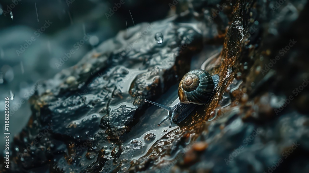 Obraz premium A close-up of a snail on a wet rock, surrounded by rain droplets and natural textures.