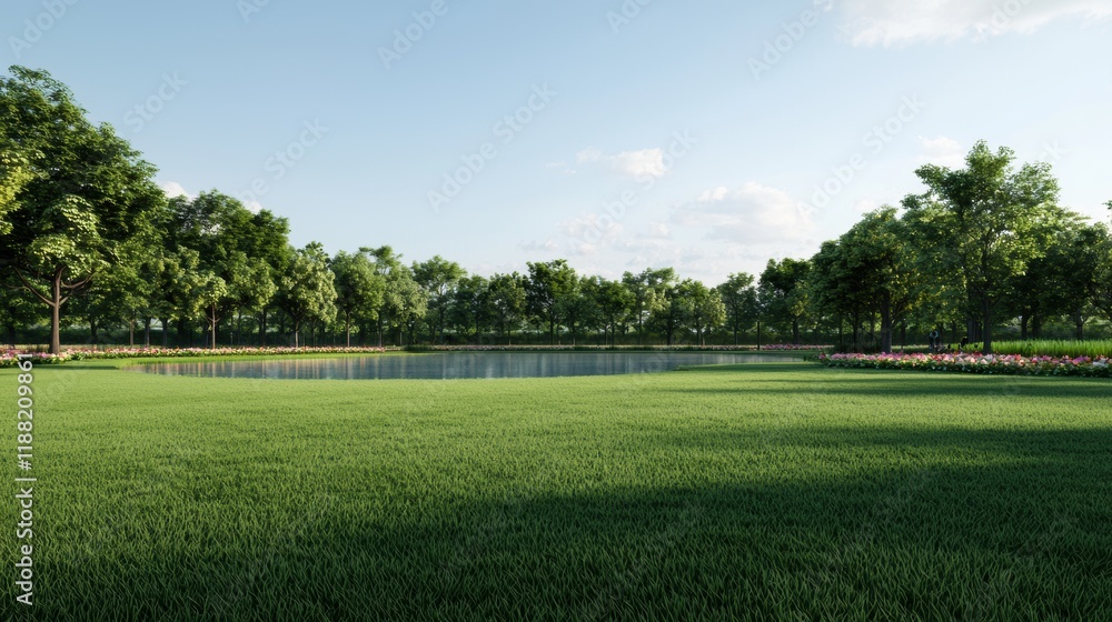 Serene Park Landscape with Lush Green Grass and Reflections Serene Park Landscape with Lush Green Grass and Reflections