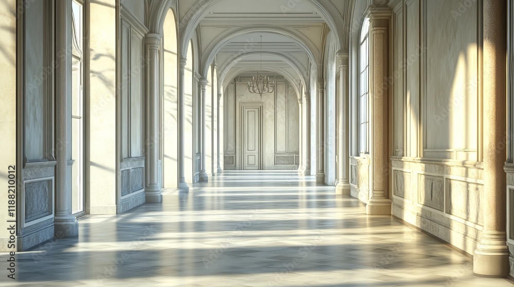 Sunlit classical hallway with arched ceilings, columns, and marble floor.