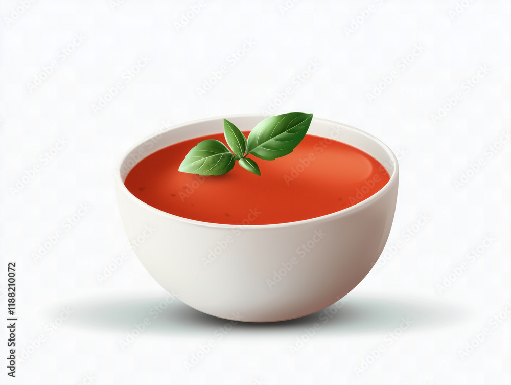 Fresh Tomato Soup in White Bowl with Basil Leaves - Minimalist Food Presentation on White Background Fresh Tomato Soup in White Bowl with Basil Leaves - Minimalist Food Presentation on White Background