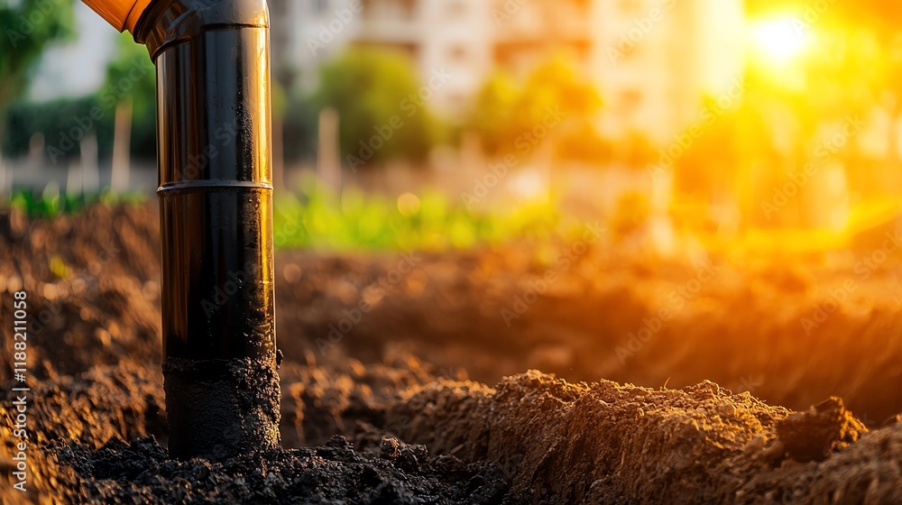 Obraz premium Irrigation pipe in soil during sunset, highlighting agricultural innovation and sustainability.