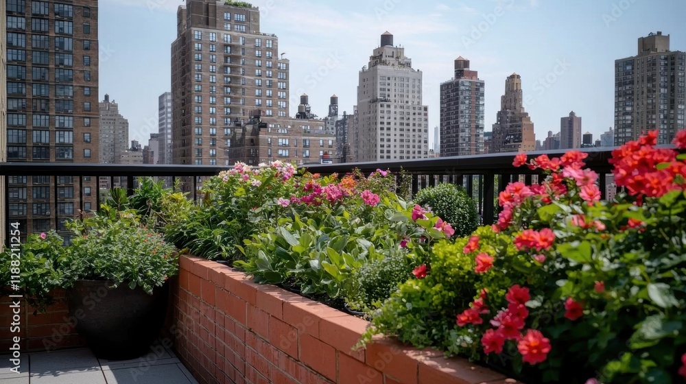 Fototapeta premium Vibrant Rooftop Garden with City Skyline in Bright Daylight