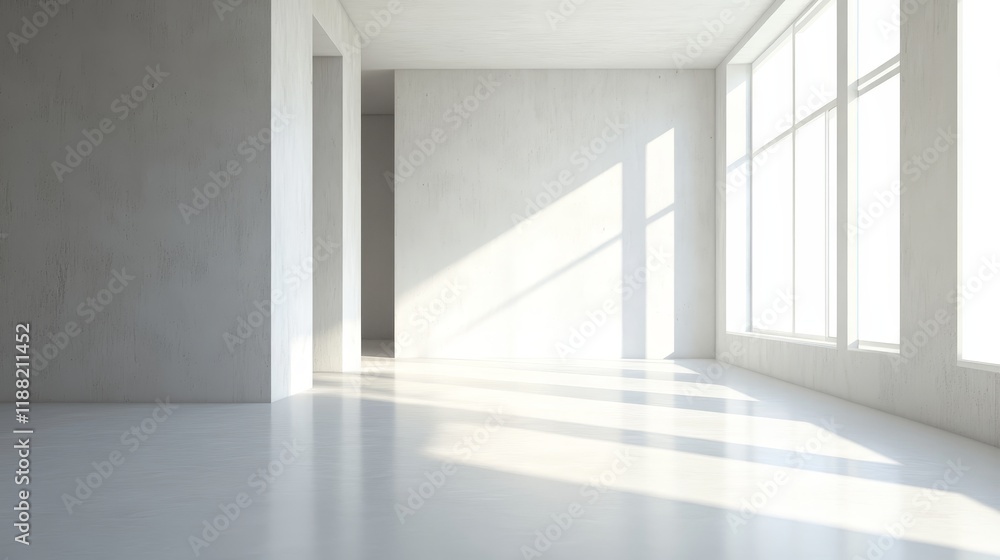 Sunlit empty room with white walls and large windows. Sunlit empty room with white walls and large windows.