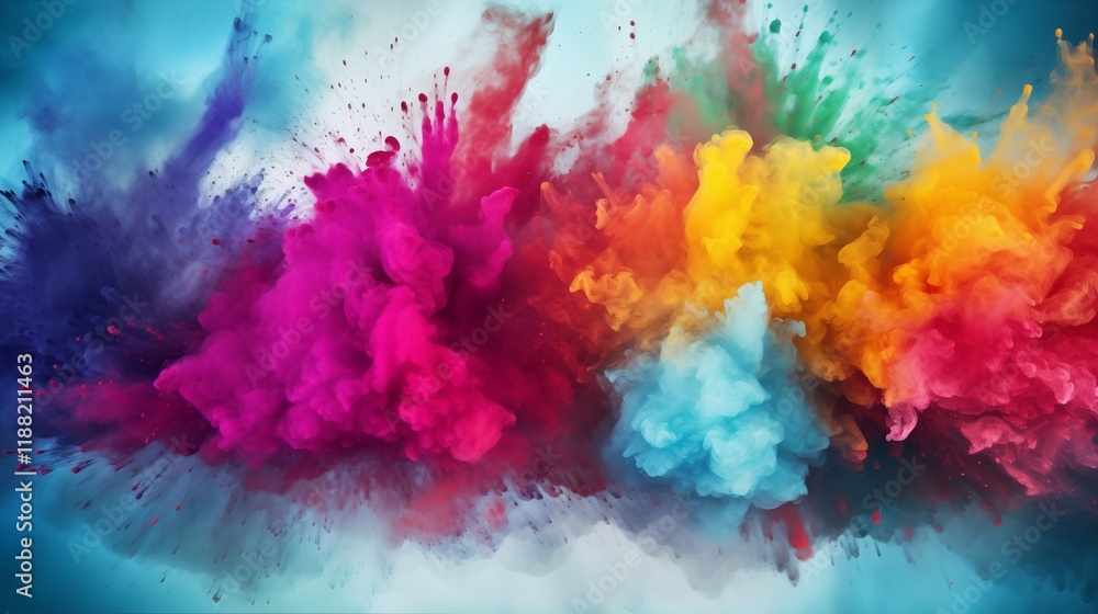 Fototapeta premium Holi festival with colorful powder in the air, soft natural light, light background with space on the right side of the frame,generative ai illustration