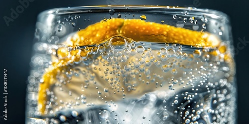 A close-up of a sparkling drink with a slice of orange, showcasing bubbles and refreshing appeal.