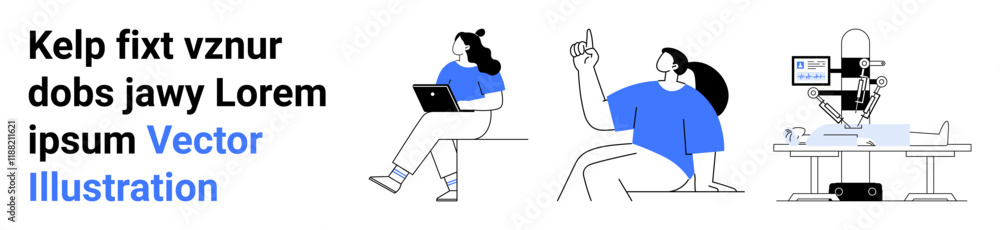 Three people in various work-related activities with robots and technology. Ideal for teamwork, collaboration, modern workspace, technology integration, robotics, productivity. Landing page Three people in various work-related activities with robots and technology. Ideal for teamwork, collaboration, modern workspace, technology integration, robotics, productivity. Landing page