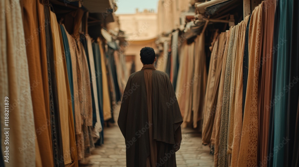 Naklejka premium Man Walking Through Colorful Textile Market in Historic City