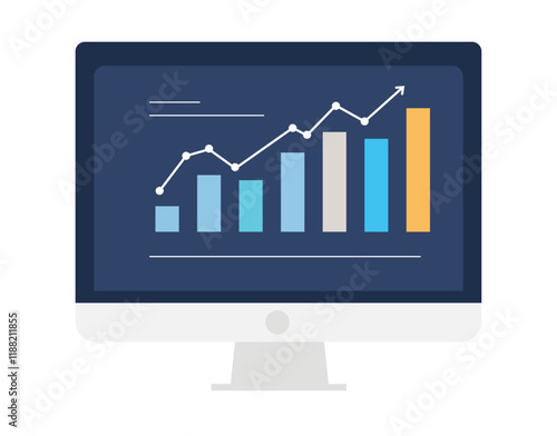 Web analytic information on Computer screen flat icon. trend graphs report concept. statistic charts for planning and accounting, analysis, audit.