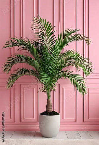 Pink wall, potted palm, interior design. photo