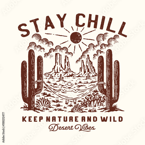 hammock illustration cactus graphic desert design cowboy badge landscape vintage western