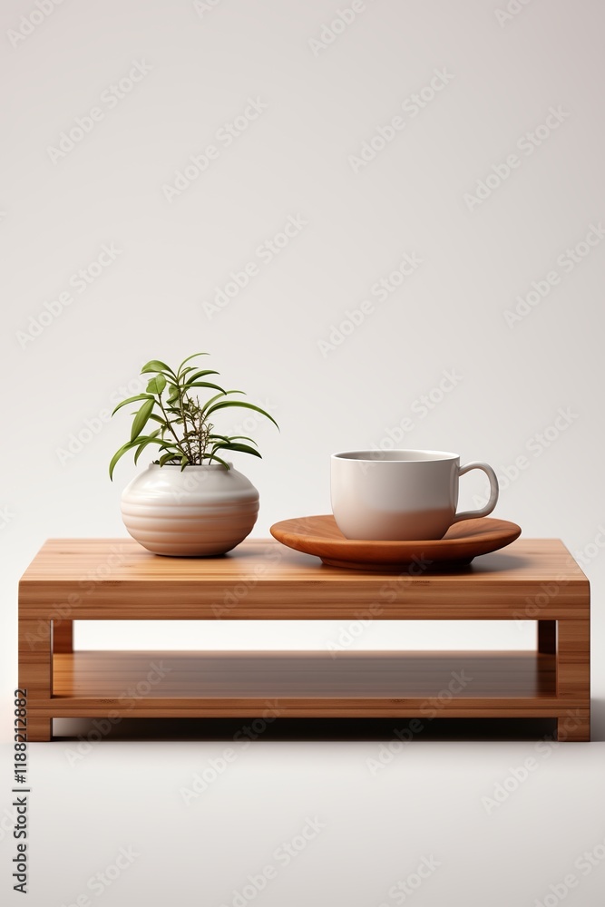 Minimalist wooden table featuring a plant and a mug for a cozy and modern aesthetic. Minimalist wooden table featuring a plant and a mug for a cozy and modern aesthetic.