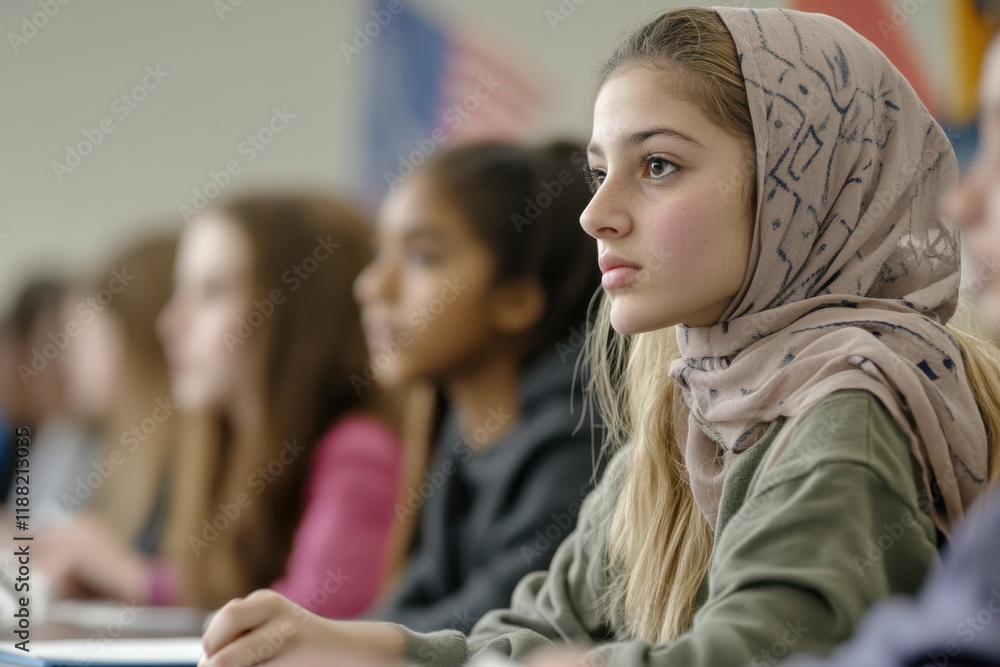 Obraz premium Diverse students reflect on integration challenges in a classroom setting emphasizing unity and diversity