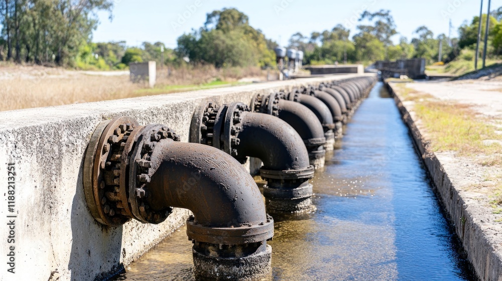 Industrial Water Pipes: A Row of Aged Pipes Flowing into a Canal Industrial Water Pipes: A Row of Aged Pipes Flowing into a Canal