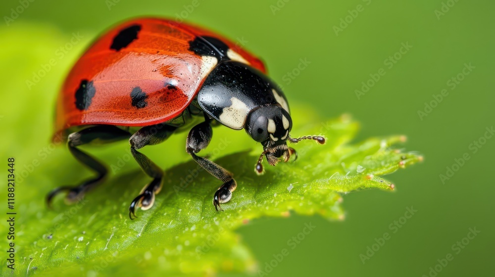 Obraz premium A close-up of a vibrant ladybug resting on a green leaf, showcasing its distinctive red and black coloration.