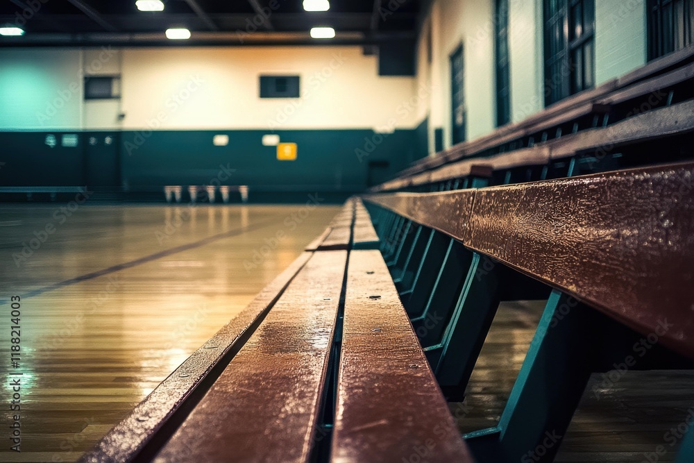 Fototapeta premium Wooden benches lined along the gymnasium of a community sports center in the late afternoon light