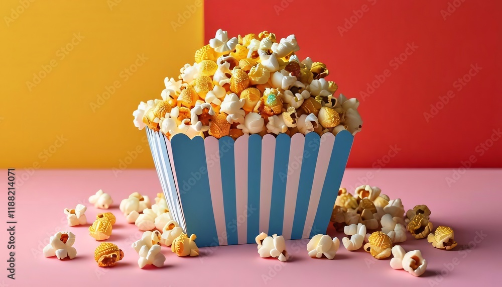 Buttery popcorn in striped box, pink backdrop. Buttery popcorn in striped box, pink backdrop.