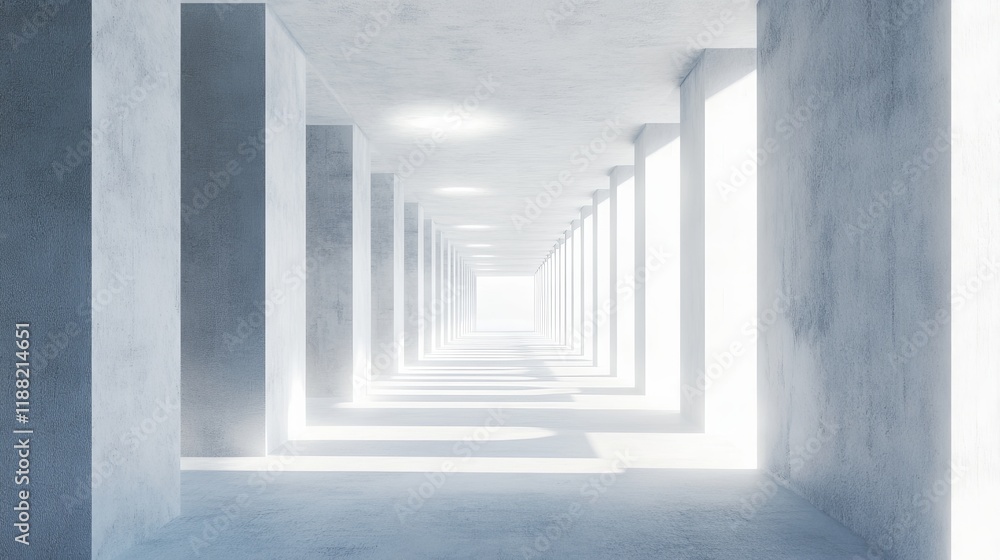 Fototapeta premium Light-filled concrete corridor with columns, perspective view.