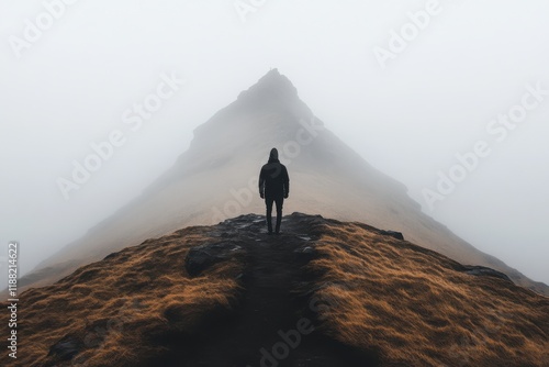 Standing at the base of uncertainty with a foggy mountain looming ahead for decision making and purpose exploration photo