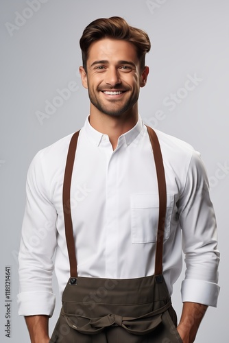 Smiling man in a white shirt and suspenders conveys confidence and professionalism in a studio setting. photo