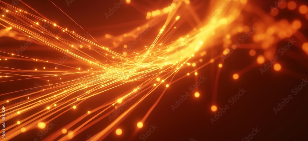 Fototapeta premium Dynamic orange light trails with glowing particles creating a vibrant abstract background, copy space for text