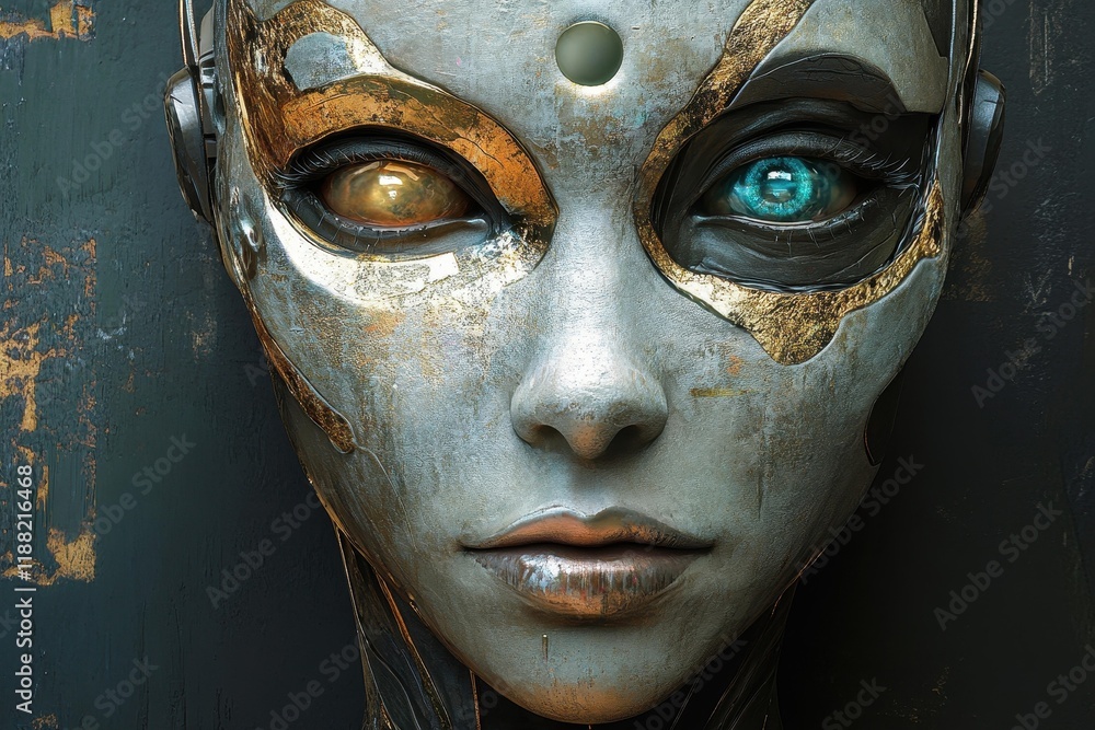 Futuristic android with contrasting eyes showcases advanced technology in a detailed close-up Futuristic android with contrasting eyes showcases advanced technology in a detailed close-up