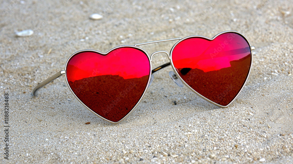 Fototapeta premium Heart shaped sunglasses with reflective red lenses on sandy beach