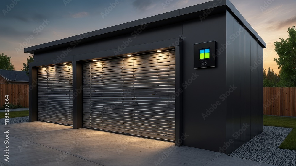 Obraz premium Concept of a home battery packs alternative electric energy storage system at modern home garage wall as backup or sustainable energy concepts.