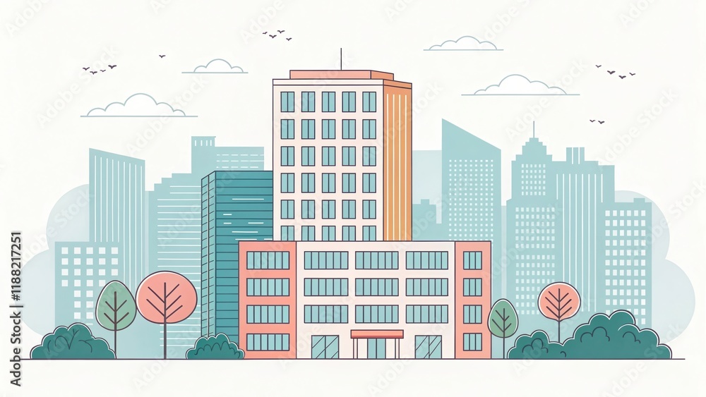 Obraz premium cute office building with city scape, illustration background