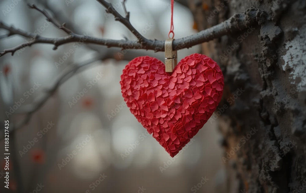 Fototapeta premium A close-up of a red paper heart hanging from a tree branch, attached with small clothespins. The natural texture of the branch contrasts with the heart, evoking simplicity and love.
