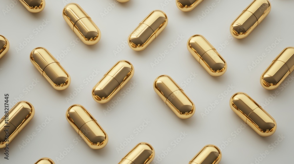 Close-up View of Shiny Golden Capsules Arranged Neatly on a Light Background, Perfect for Health Supplements or Pharmaceuticals Display Close-up View of Shiny Golden Capsules Arranged Neatly on a Light Background, Perfect for Health Supplements or Pharmaceuticals Display