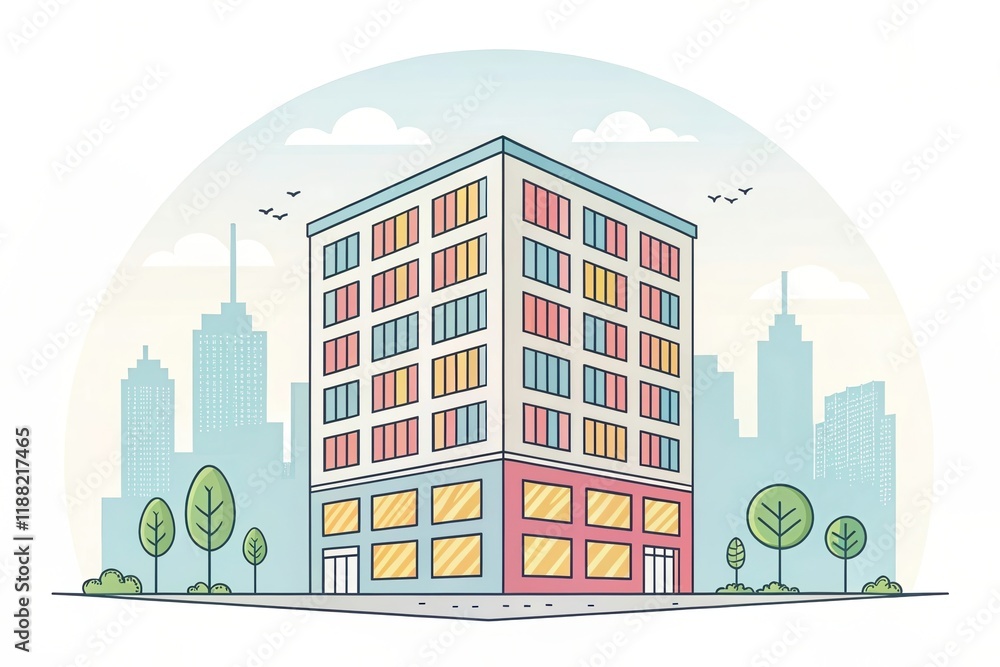 Fototapeta premium cute office building with city scape, illustration background