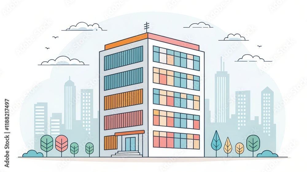 Obraz premium cute office building with city scape, illustration background