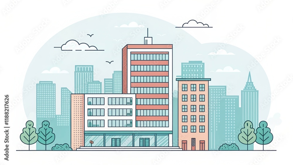 Fototapeta premium cute office building with city scape, illustration background
