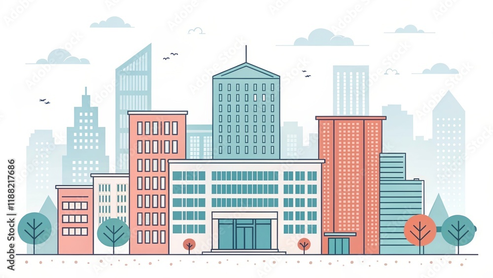 Fototapeta premium cute office building with city scape, illustration background