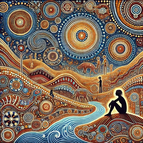 Australian Aboriginal dot painting style art dreamtime story of the land.
