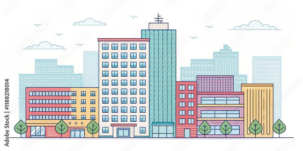 Fototapeta premium cute office building with city scape, illustration background