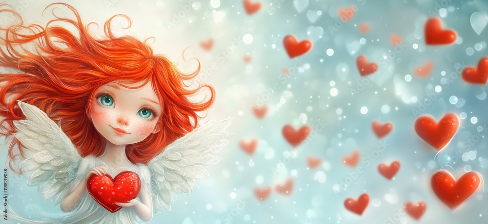 Angel girl with red hair holding heart surrounded by floating hearts and sparkles, whimsical and dreamy atmosphere, copy space for text Angel girl with red hair holding heart surrounded by floating hearts and sparkles, whimsical and dreamy atmosphere, copy space for text