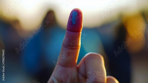 Post-voting finger adorned with indelible ink on Election Day photo