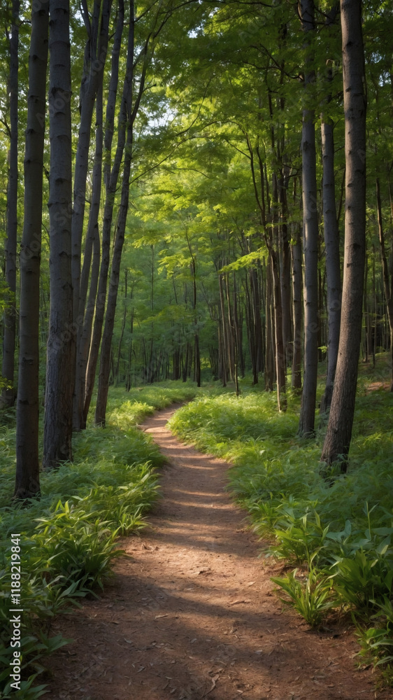 Fototapeta premium Sun-dappled path winding through a lush green forest. Tall trees create a canopy overhead, casting shadows on the earthy trail.