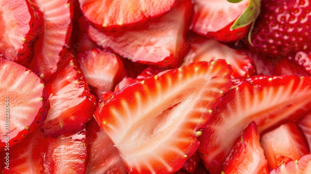 A close-up of fresh, sliced strawberries showcasing their vibrant red color and juicy texture. A close-up of fresh, sliced strawberries showcasing their vibrant red color and juicy texture.