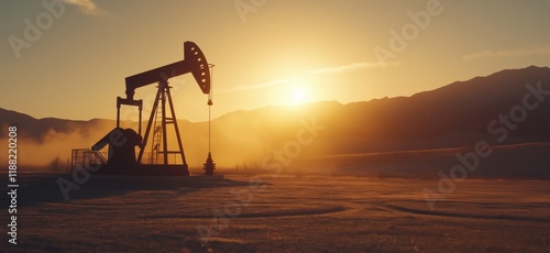 Oil pump jack silhouette against sunset in mountainous landscape, showcasing energy extraction and natural resources, copy space for text photo