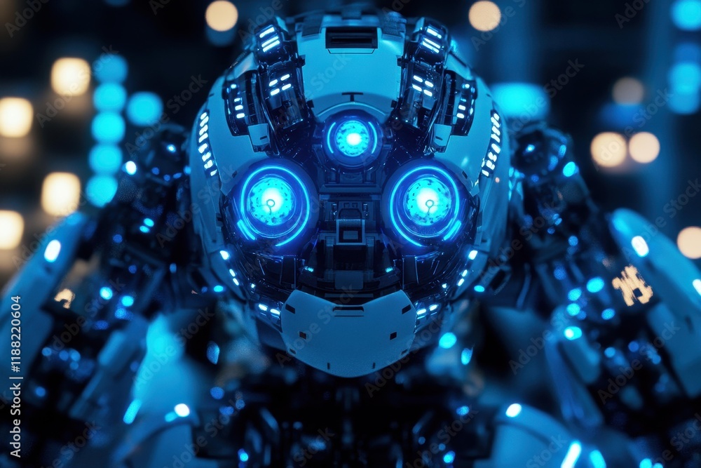 Intricate robotic face with glowing blue lights showcases futuristic technology in a modern setting Intricate robotic face with glowing blue lights showcases futuristic technology in a modern setting