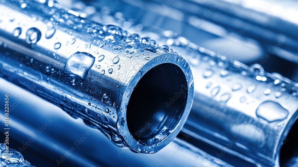 Naklejka premium Close-up of Wet Metal Pipes: Industrial Photography