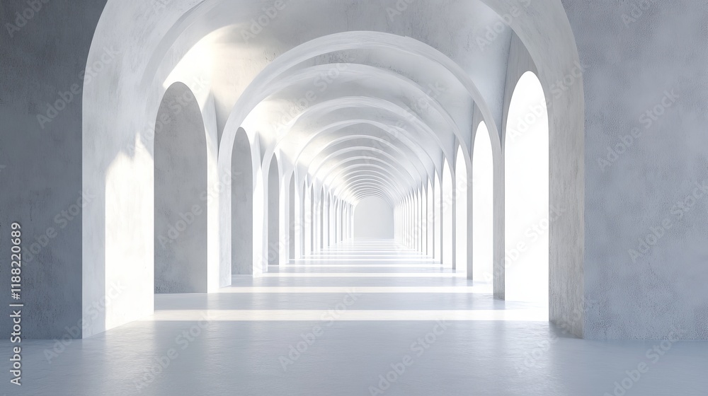 Sunlit white arched hallway, long perspective, minimalist architecture. Sunlit white arched hallway, long perspective, minimalist architecture.