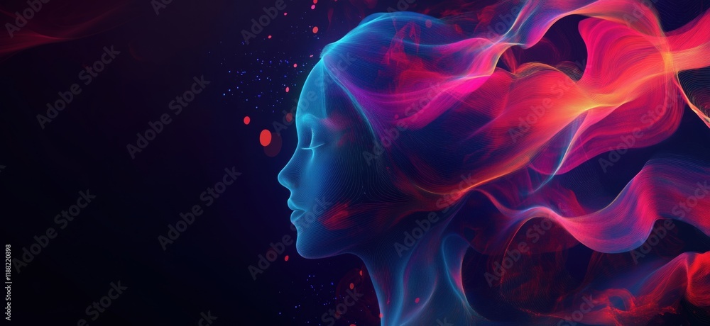 Vibrant Abstract Portrait of a Woman with Flowing Hair and Colorful Light Trails, copy space for text Vibrant Abstract Portrait of a Woman with Flowing Hair and Colorful Light Trails, copy space for text