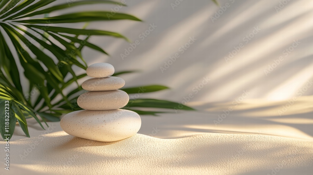 Tranquil harmony stacked stones on sand with gentle green accents Tranquil harmony stacked stones on sand with gentle green accents