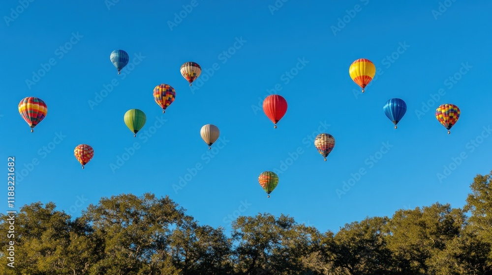 Fototapeta premium Colorful Hot Air Balloons Soaring Across a Vivid Blue Sky